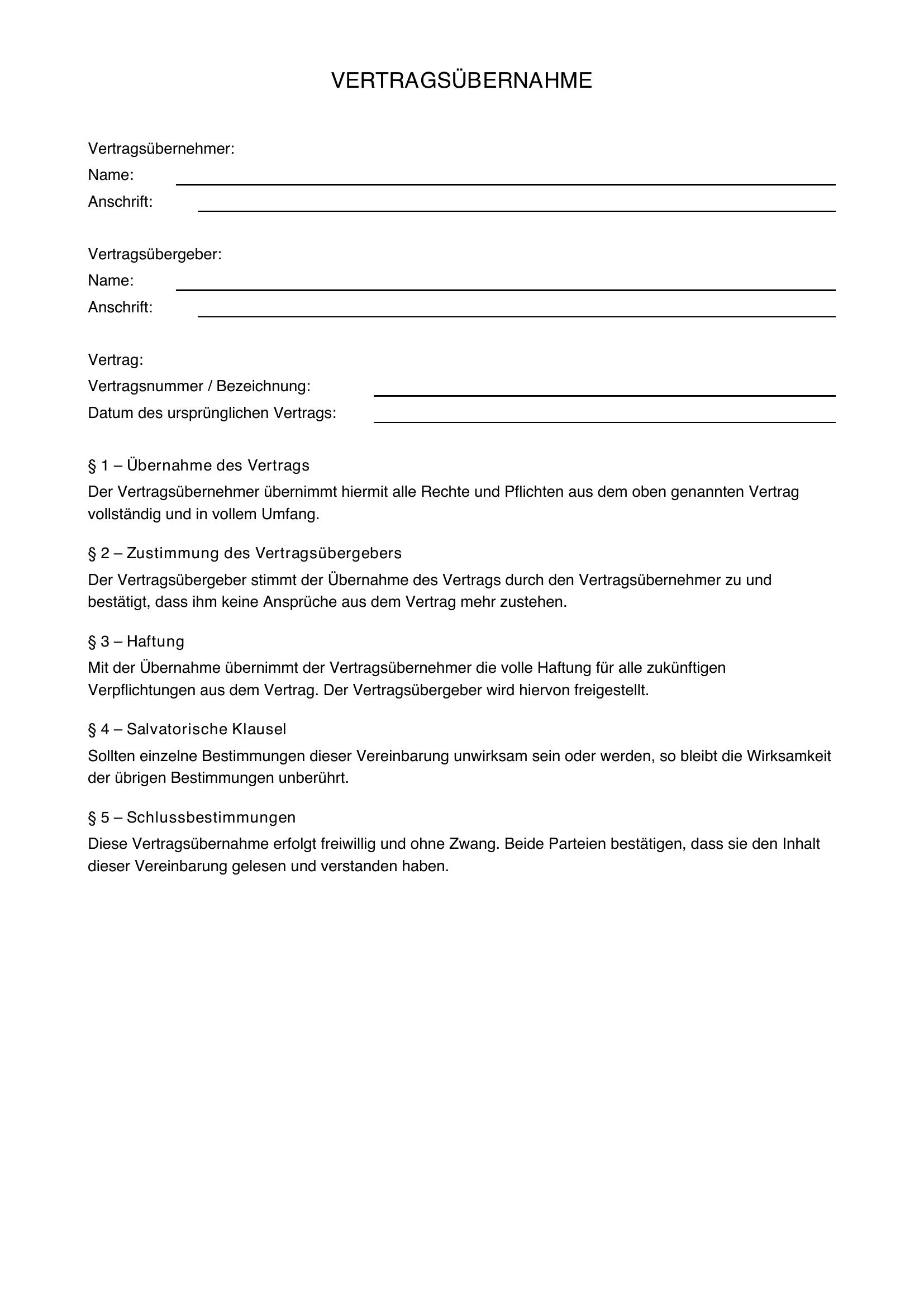 Vertragsübernahme Vorlage