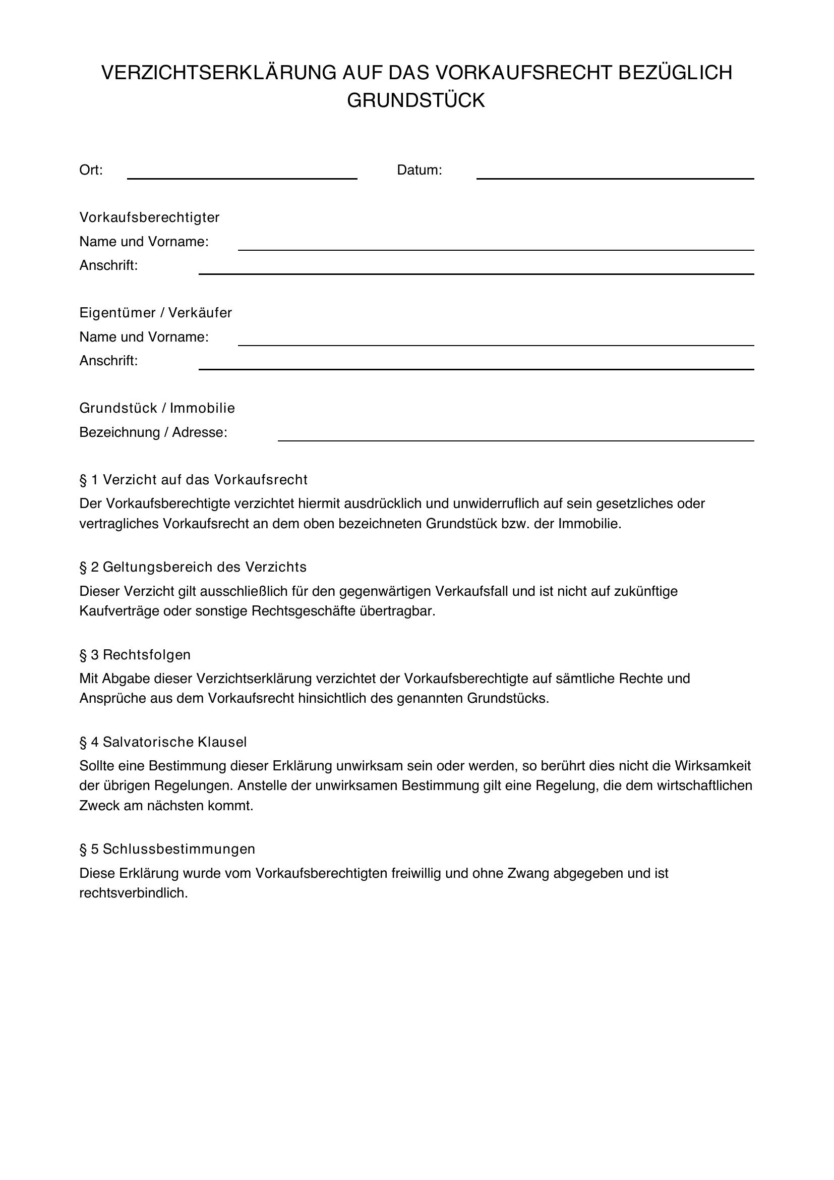 Verzichtserklärung Grundstück Muster