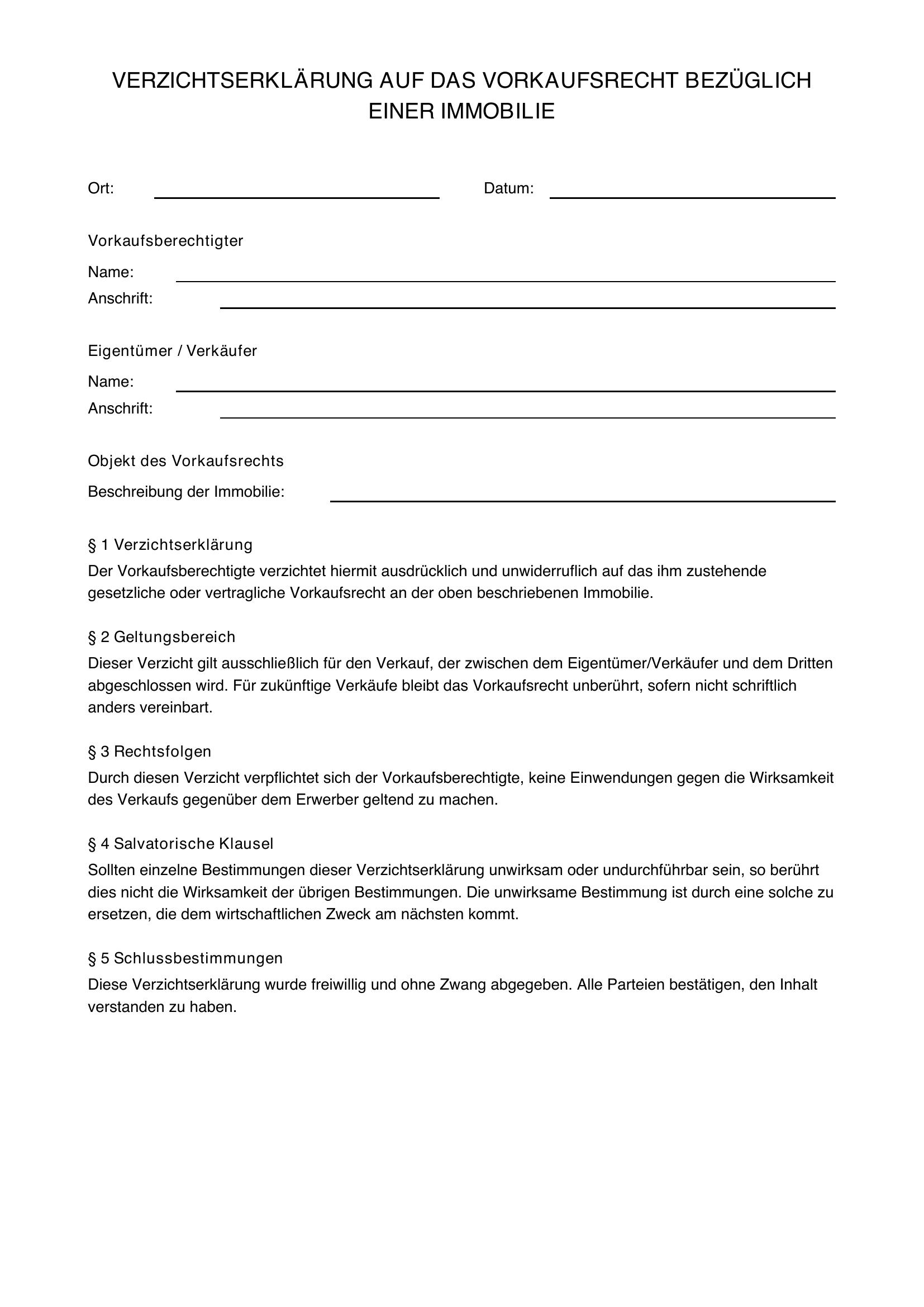 Verzichtserklärung Haus Muster