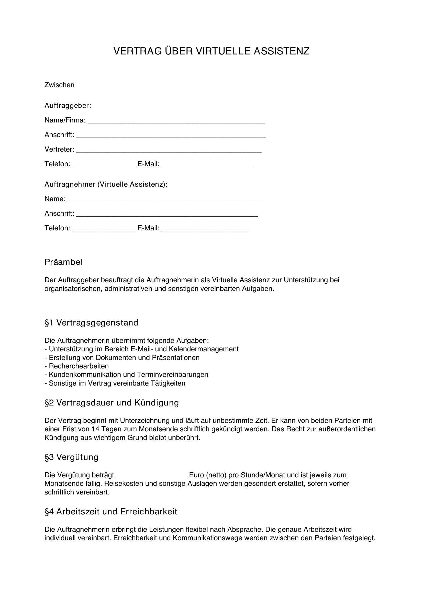 Virtuelle Assistenz Vertrag Muster