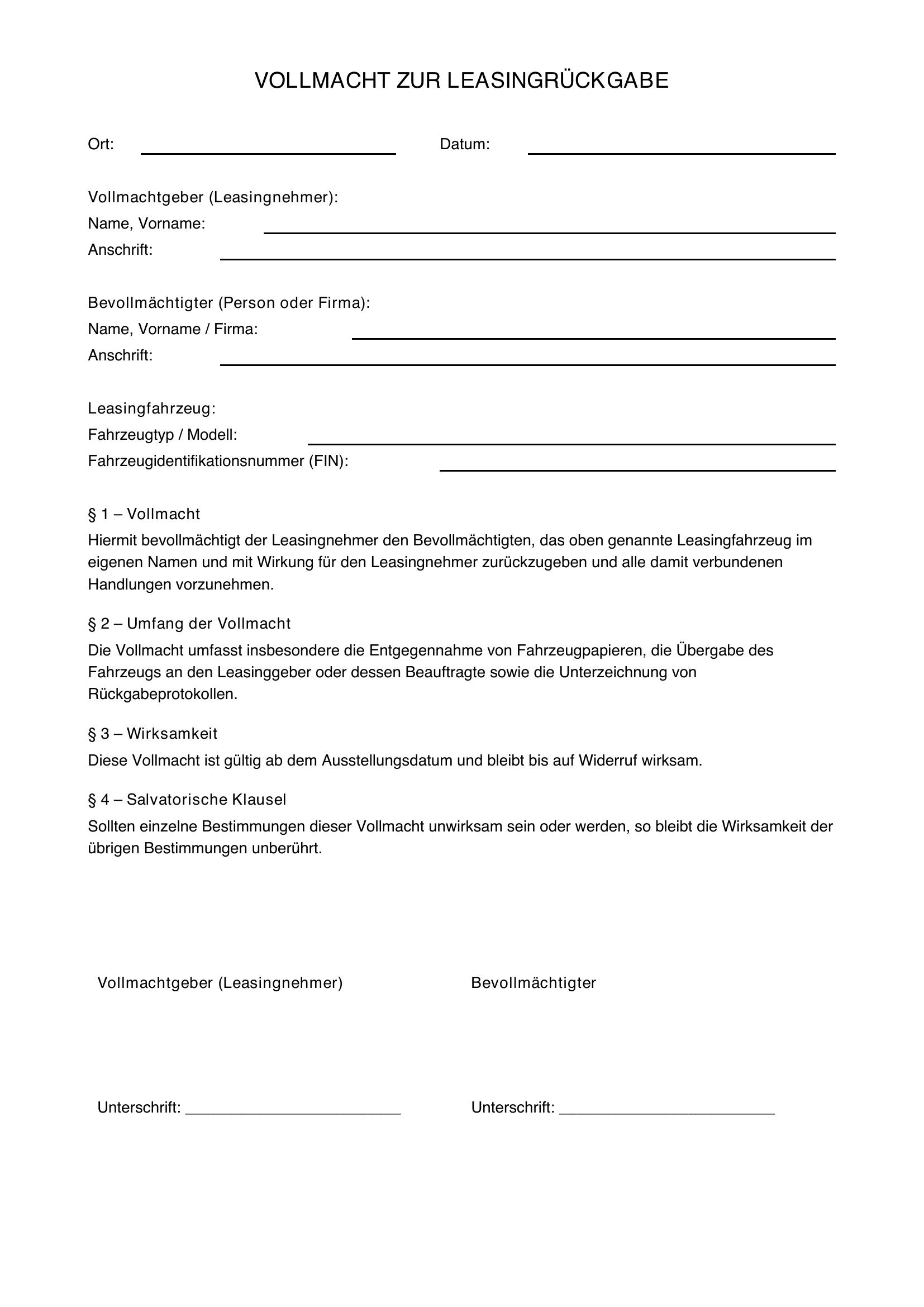 Vollmacht Leasingrückgabe