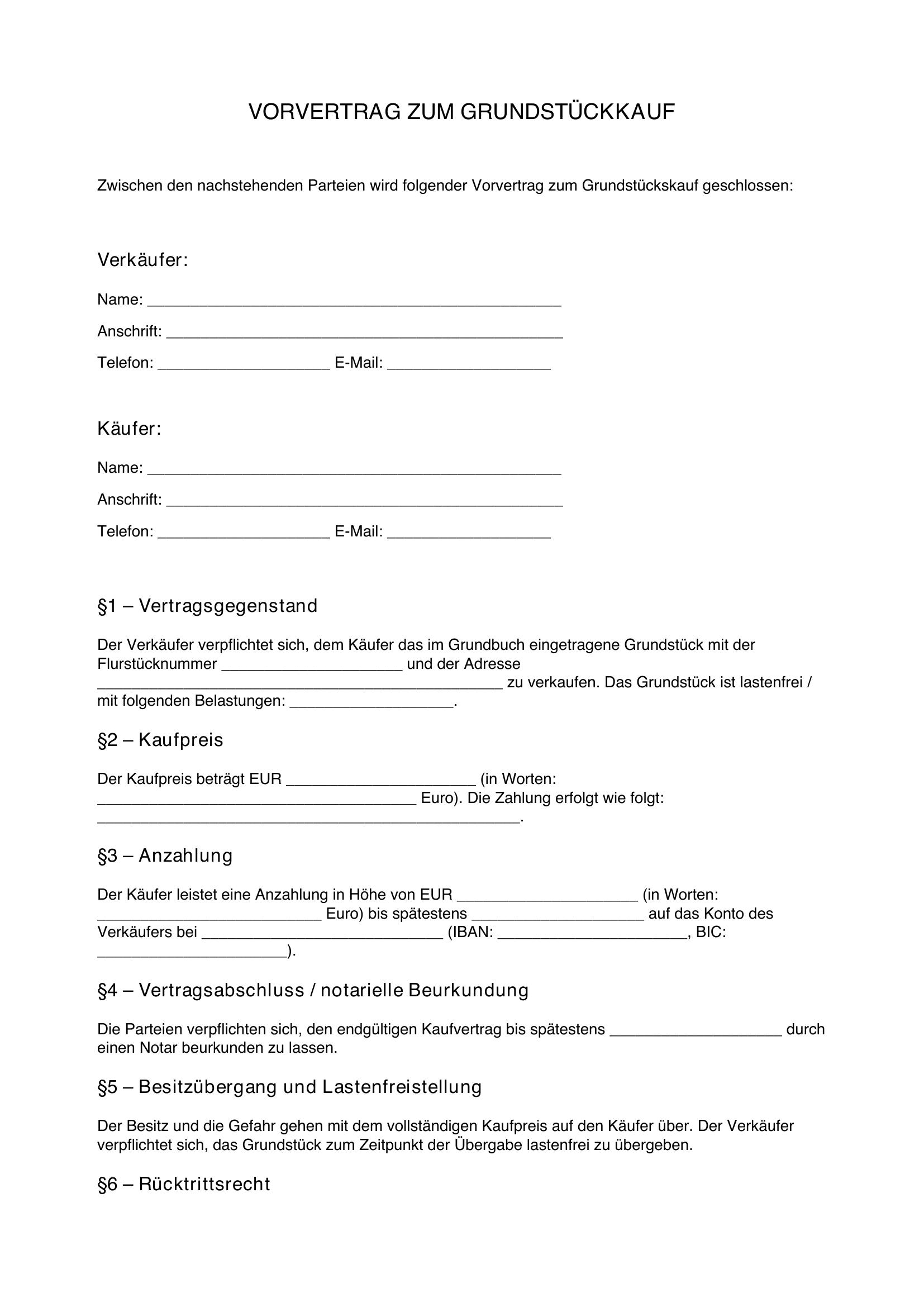 Vorvertrag Grundstückskauf