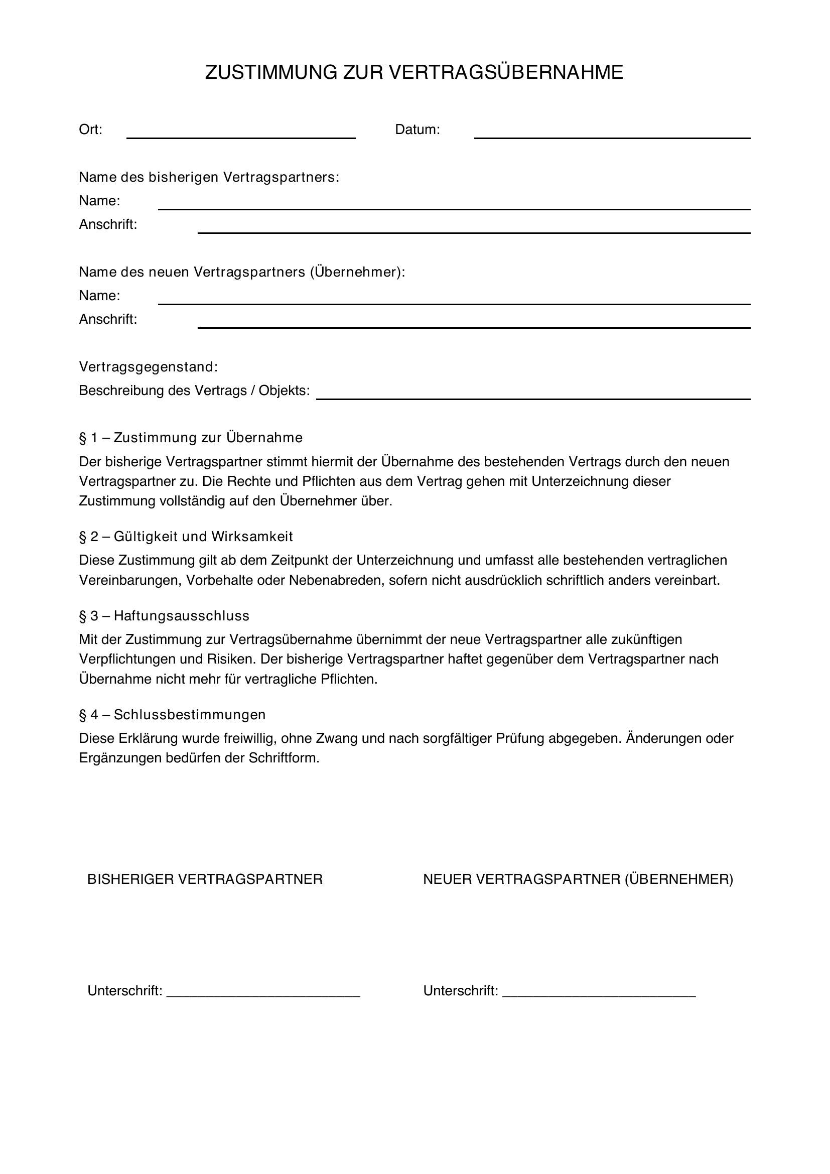 Zustimmung Vertragsübernahme Muster